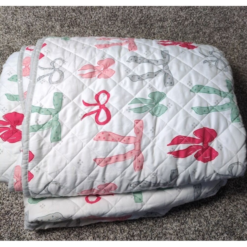 Martha Stewart KING Size Quilt Bows Pink Green Gray Comforter